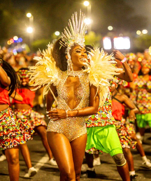 Performer in ornate gold costume dancing during the Cape Carnival parade in Cape Town.