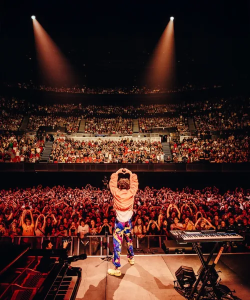 Musician on stage facing a packed audience during the Cape Town International Jazz Festival concert.