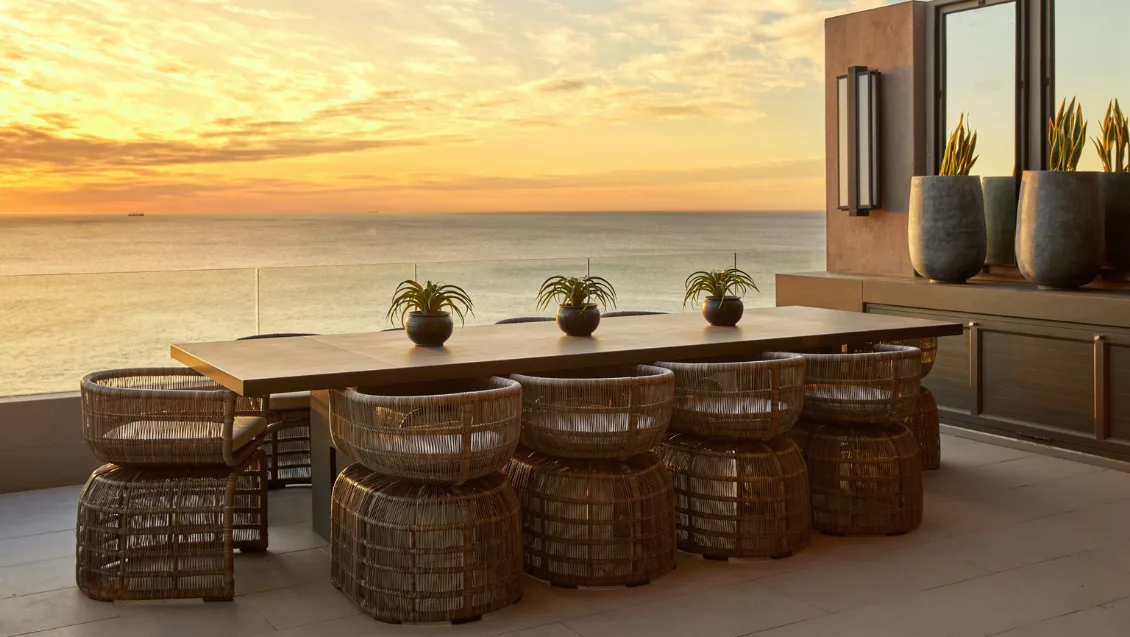 The balcony and patio of Halcyon overlooking the Atlantic Ocean