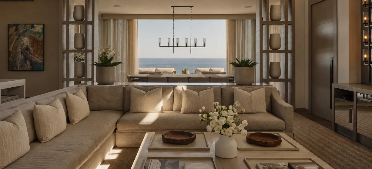 Interior shot of the Halcyon villa living room looking out over the Atlantic Ocean